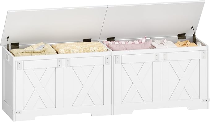 59" Storage Chest, Large Storage Trunk with 2 Hinges, Farmhouse Wooden Box Bench, Lift-Top Organizer Chest, Entryway Trunk for Bedroom, Living Room, White SB15003X