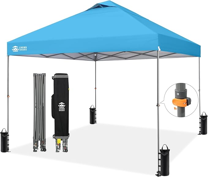 CROWN SHADES Adjustable Height on The Fly, 10x10 Pop Up Canopy - Beach Tent with One Push Setup - Easy Outdoor Sun Shade for Events, Parties, Camping - Outside Shade with STO-N-Go Bag, Sky Blue
