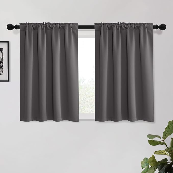 KGORGE Gray Short Blackout Curtains 45 inch Length, Privacy Thermal Insulated Curtains Noise Reducing Window Drapes for Living Room Kitchen, Back Tab Rod Pocket, W52 x L45 inches, Grey, 2 Panels