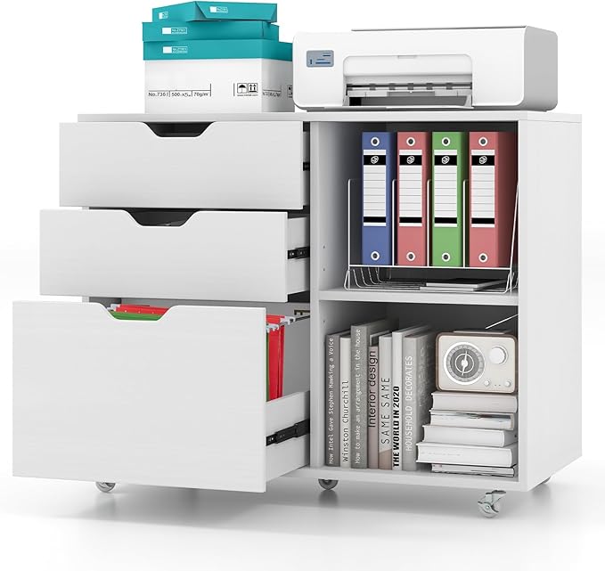 LOKO 3-Drawer File Cabinet, Mobile Printer Stand Cabinet with Adjustable Shelf, Rolling Lateral Filing Cabinet with Wheels for Letter, A4, Legal Size, for Home Office Organization (White)