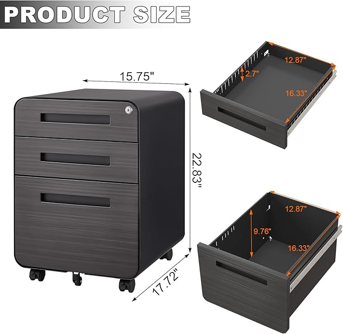 3 Drawer Mobile File Cabinet with Lock, Under Desk Metal Filing Cabinet for Home Office, Assembled Removable Under Desk Storage with Wheels for A4-Size/Letter-Size/Legal-Size (Light Gray)