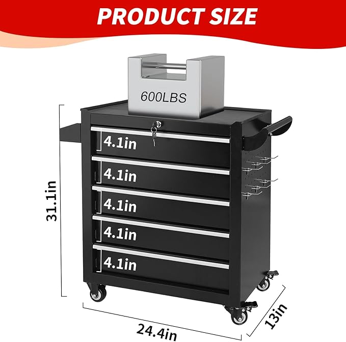 5-Drawer Tool Chest on Wheels, Rolling Metal Toolbox with Wheels & Drawers, Tool Cart Cabinet, Suitable for Garage, Moving/Gift/Daily Use