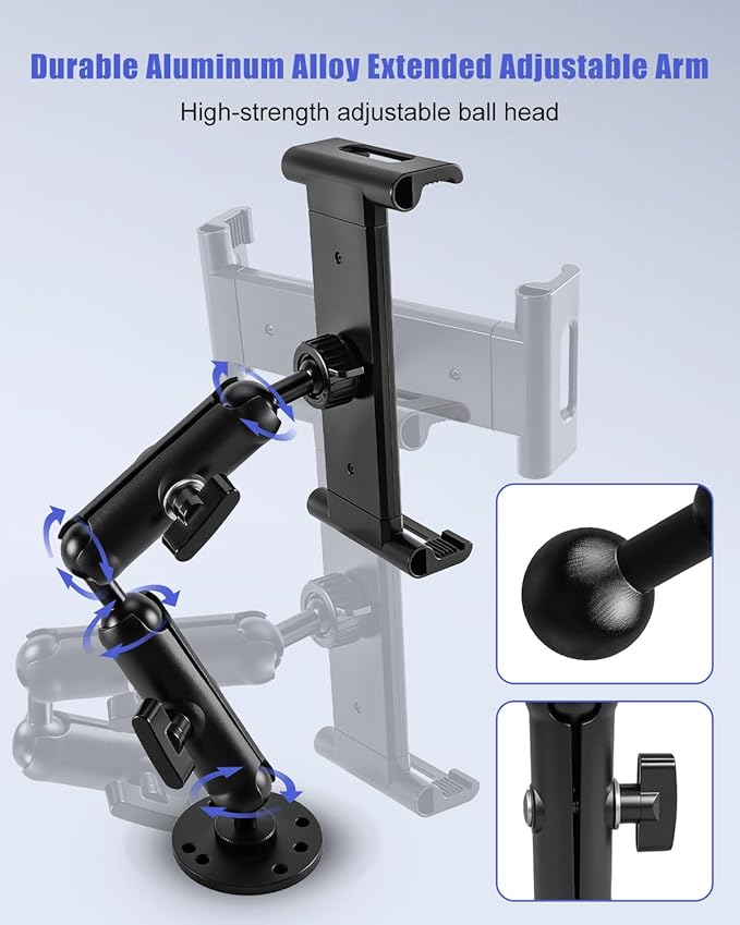 Industrial Aluminum Tablet Mount with Dual Link Arm, Heavy Duty 360° Adjustable Holder for 6-13" Devices, Multi-Hole Base for Truck Boat Wall Desk Installation