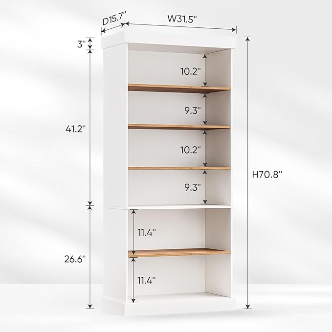 Vyre 70.8" Tall White Bookshelf, Farmhouse Modular Bookcase with 6-Tier Adjustable Shelves, Large Storage Cabinet for Home Office, Living Room, Set of 2