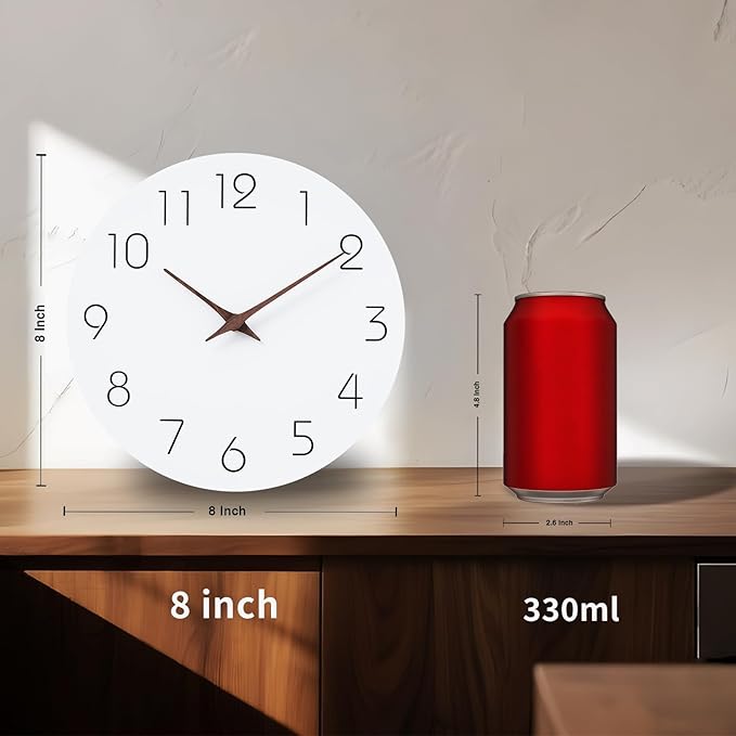 Mosewa Wall Clock Battery Operated 8 Inch White Silent Non Ticking Simple Minimalist Wooden Decorative for Kitchen Bathroom Bedroom Living Room Office
