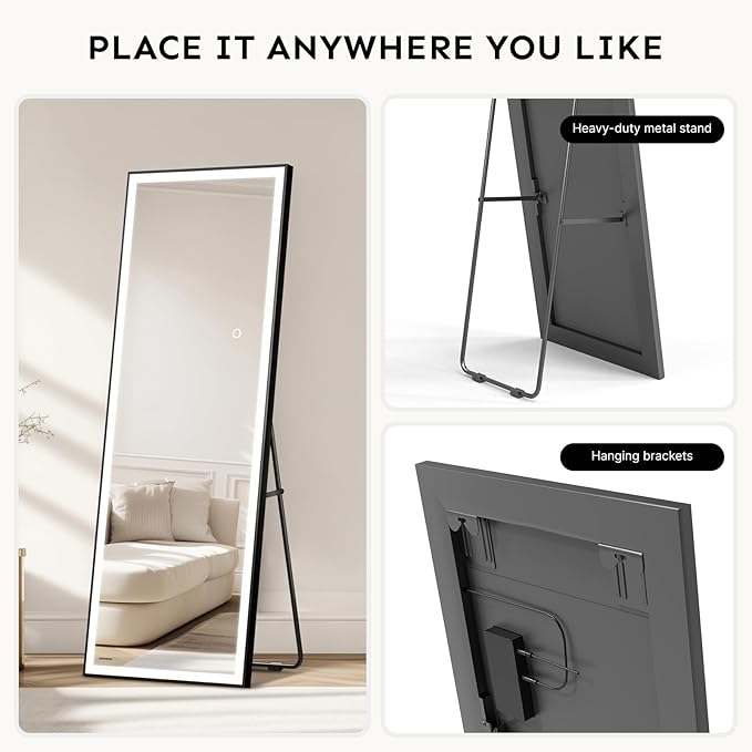 Kosmonia 64x21 Full Length Mirror, Dimmable 3 Color LED Light w/Light Memory, Distortion Free Silver Coating Mirror, HD Reflection &Anti Desilvering,Tempered Glass &Shatter Proof Film Doubles Safety