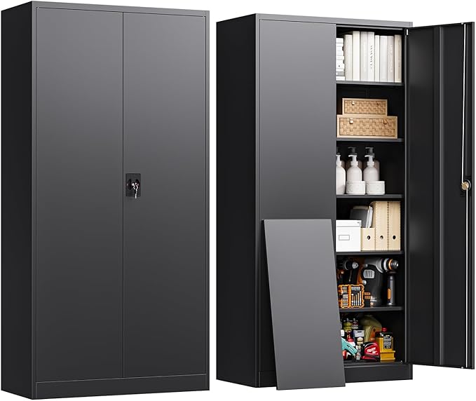 Metal Storage Cabinet with Locking Doors, Tall Cabinets for Home, Office, Warehouse Organizer (Black)
