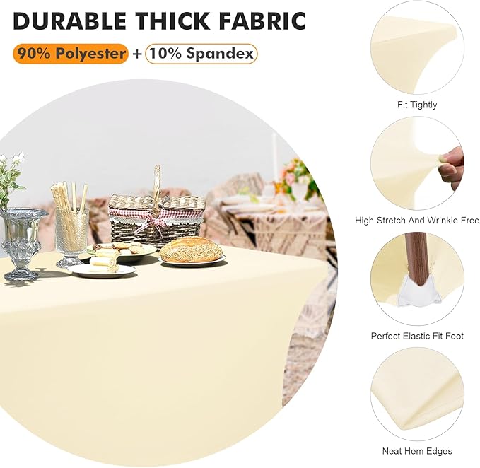 2 Pack 6 Ft Beige Spandex Table Cover Fitted Rectangular Tablecloth Stretchable Fabric Table Cloth 6 ft Wrinkle-Free for Party Tradeshows Banquet Weddings Cocktail
