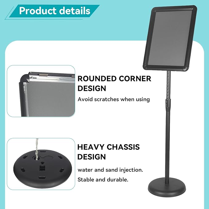 HUAZI Sign Stand Holder Adjustable Sign Holder Standing Floor Poster Stand for 8.5x11 inches,Both Vertical & Horizontal View Displayed,Snap-Open Frame with Round Safety Corner for School Church Business Show,Black
