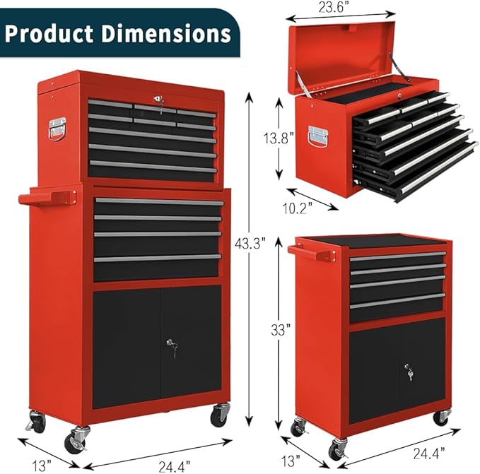 13-Drawer Rolling Tool Chest with Double Door, Extra Large Storage Cabinets with Tool Box, 2-in-1 Detachable Design, 600 lbs Capacity with Lockable Wheels for Garage, Mechanic & Home Use (Red＆Black)