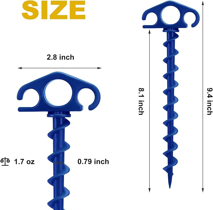 Tent Stakes Ground Anchors Screw in, 16 Pack Sand Stakes for Beach 9.4 Inch Heavy Duty Spiral Tent Pegs for Camping, Party, Hiking, Outdoor Decoration (16, Blue)