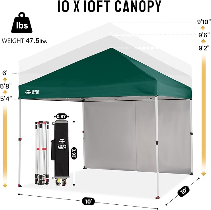 CROWN SHADES 10X10 Comercial Instant Canopy Pop Up Tent with Center Lock, 300D Fabric, 4 Sidewalls, Sto'N Go Bag, Forest Green