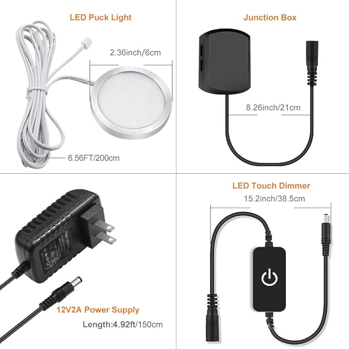 YGS-Tech LED Puck Lights, Under Cabinet Lighting Silver Trim, 3000K Warm White, CRI90+, Touch Dimming, All Accessories Included, Under Counter Lighting for Kitchen, Closet Lights, Safe Light, 3-Pack