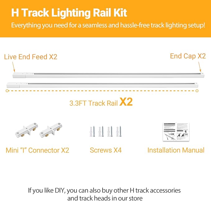 VANoopee H Track Lighting Rails Kit, 6.6FT H Type Track Rails White with End Caps and Live End Feed Connector, Compatible with Single Circuit 120V H Style Track System, for H LED Track Lighting Heads