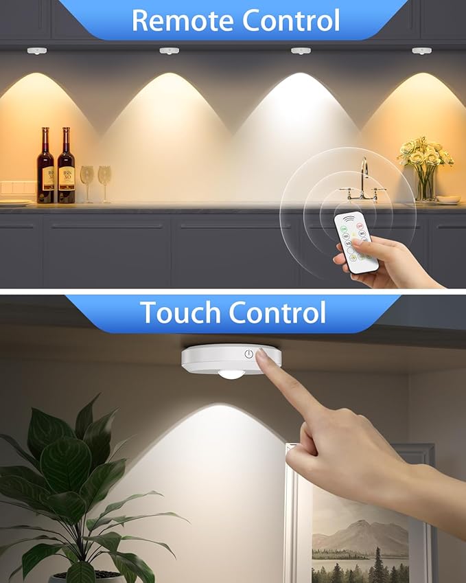 WILLED Rechargeable Puck Lights with Remote Control, 3 Color Temperatures and Timing Function, Dimmable Tap Light, Stick on Under Cabinet Lights, LED Puck Lights for Kitchen, Closet and Shelf(6 Pack)
