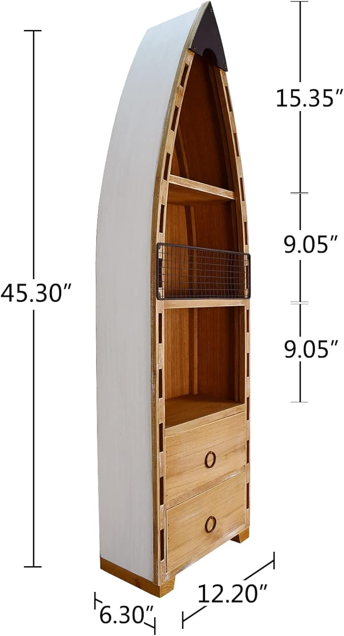 Morning View Wood Boat Cabinet, Rustic Nautical Decor, 2 Shelves & 2 Drawers, 45.3 Inch