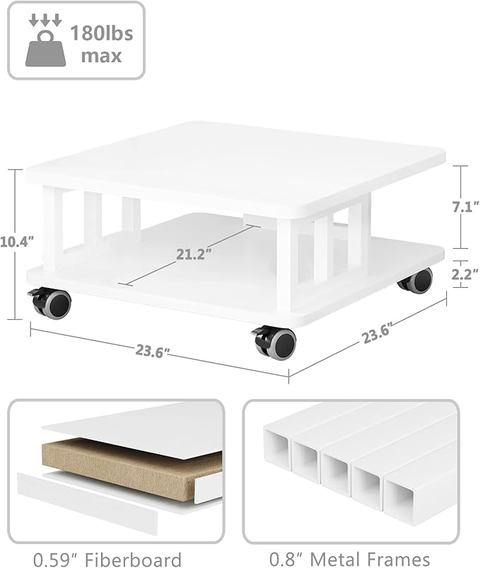 Mobile Printer Stand, 2-Tier Large Printer Shelf for Laser 3D Printer Office Machine with Storage, 23.6"x23.6" Wood Printer Cart Under Desk Rack with Wheels for Office Home Kitchen (White)