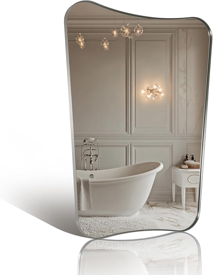 ANDY STAR Brushed Nickel Mirror, 26x38” Scalloped Bathroom Mirrors, Silver Bathroom Vanity Mirror, Modern Scalloped Edge Design in Rust-Proof Stainless Steel 1” Frame