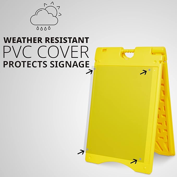 Jumbl A-Frame Signboard 22” x 28” Display Surface – Large Outdoor Sandwich Board w/Weather Resistant PVC Sign Protector & Sand Fill Holes – Dual Signage Stand for Storefront Sidewalk Curb (Yellow)