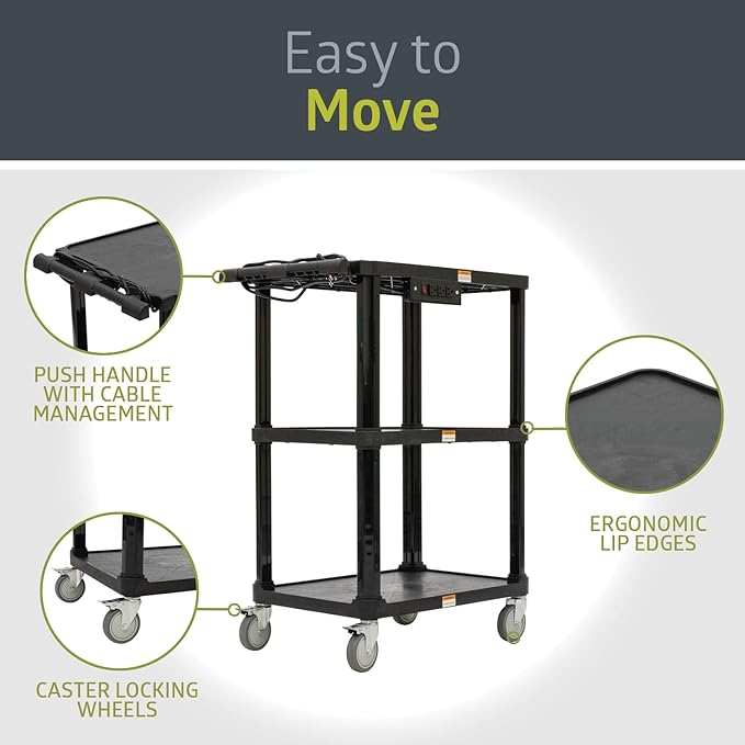 Pearington 3-Shelf Mobile Utility Cart with 3 Outlets and 8' Cord, Heavy-Duty Service Cart for Offices and Warehouses with 3 Shelves, Black