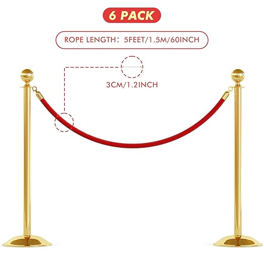 Woanger 6 Pack Velvet Stanchion Rope, 5 Feet Crowd Control Stanchion Ropes Safety Barrier with Gold Plated Hook for Carpet Events Movie Theaters Grand Openings Hotels Party (Red)