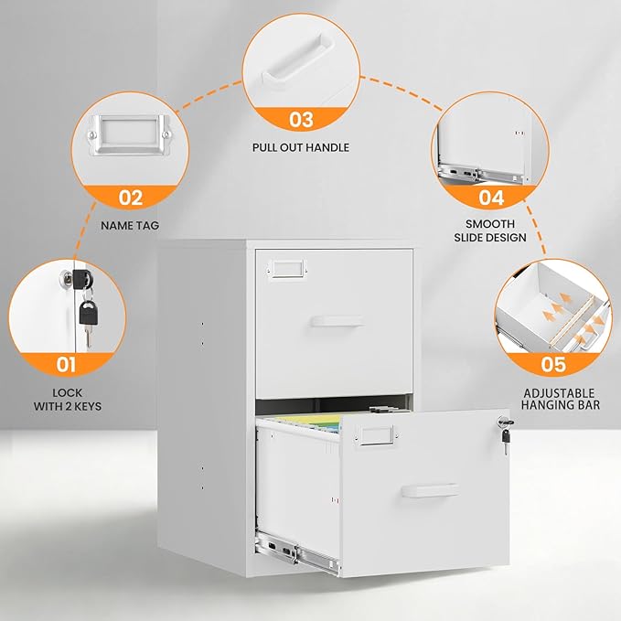2 Drawer File Cabinet with Lock, Metal Filing Cabinets for Home Office, Vertical White Small Caninet for Home Office, Steel Narrow Two Drawer File Cabnet for Letter/File Box- Assembly Required