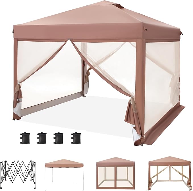 MFSTUDIO 10'x10' Pop Up Canopy Tent with Netting, Portable Instant Folding Canopy, Outdoor Canopy Screen Event Tent with 4 Zippered Mesh Netting for Garden, Brown