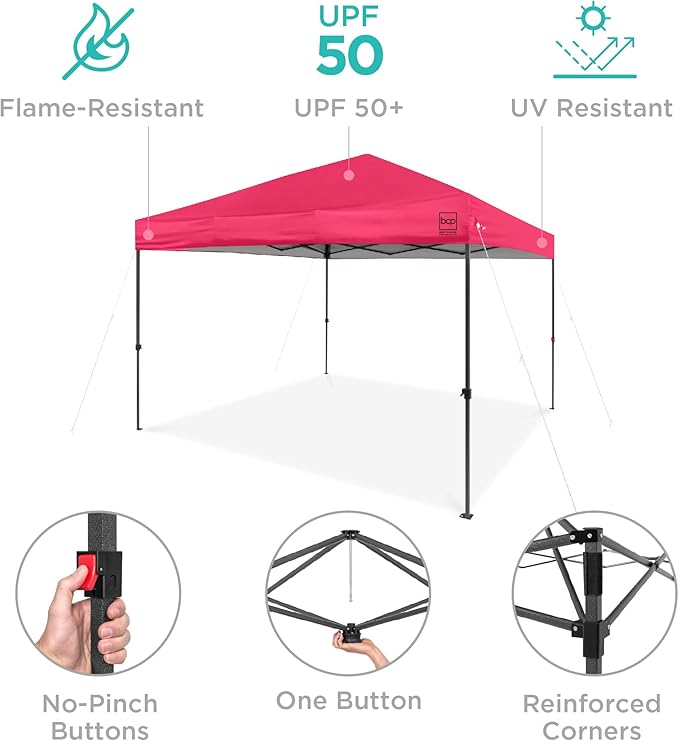 Best Choice Products 10x10ft 1-Person Setup Pop Up Canopy Tent Instant Portable Shelter w/ 1-Button Push, Case, 4 Weight Bags - Hot Pink