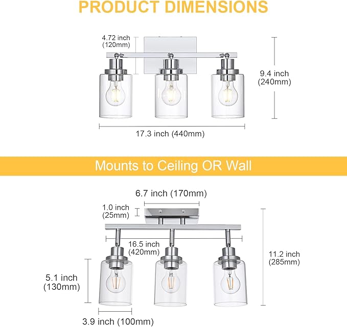 3-Light Track Lighting Kit Ceiling Kitchen Track Lighting Fixtures Chrome Bathroom Vanity Wall Lights with Clear Glass Multi-Directional Rotating Tracking Light Heads Spotlight for Accent Shop