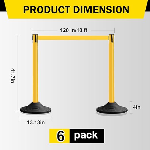 10 ft Crowd Control Stanchion Set, Crowd Control Barrier, Stanchions with Retractable Belts & Base, Retractable Stanchions, Queue Management Stanchion (6 Pole) (Yellow)