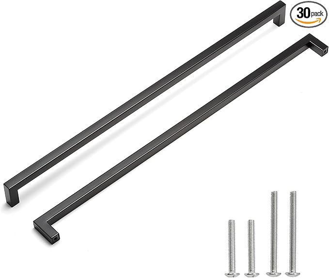 Cabinet Pulls Matte Black Cabinet Handles Square Drawer Pulls, 30 Pack 18 Inch Stainless Steel Kitchen Door Cupboard Cabinet Handles, Drawer Hardware Handles, 458mm Hole Centers