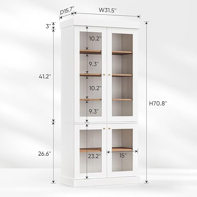 Vyre 70.8" Tall White Bookshelf with Glass Doors, Farmhouse Modular Bookcase with 6-Tier Adjustable Shelves, Large Storage Cabinet for Home Office, Living Room