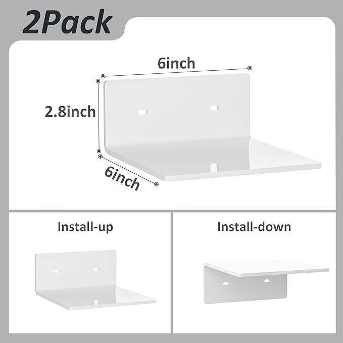 6 Inches Acrylic Small Wall Shelves 2 Pack, Floating Shelf for Wall Mounting, Acrylic Display Ledges for Funko Pop Figures, Home Décor, Living Room, Gaming Room, Plants(6 inch, White)