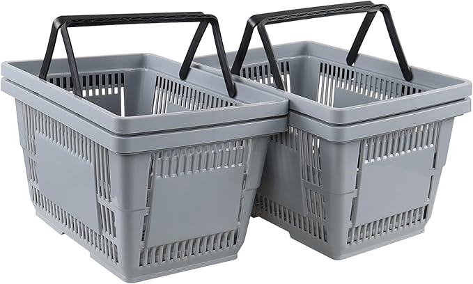 4 Pcs 28 L Durable Plastic Shopping Basket with Handle, Portable Shopping Basket for Supermarket Retail Store, 18.70" x 12.60" x 10.24", Gray