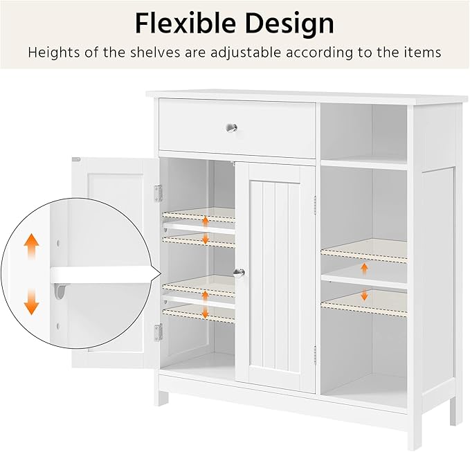 Yaheetech Bathroom Floor Cabinet, Kitchen Freestanding Storage Organizer, Large Side Cabinet with Doors, Drawer & Adjustable Shelves for Living Room, Entryway, 12" D x 29.5" W x 31.5" H, White