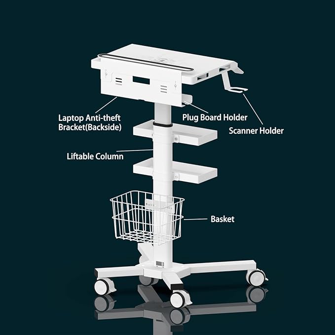 Anti-Theft Medical Laptop Cart with Scanner Holder | Mobile Workstation with Gas Lift | Height Adjustable 31.5" - 47.2" | Secure Storage & Multiple Drawers