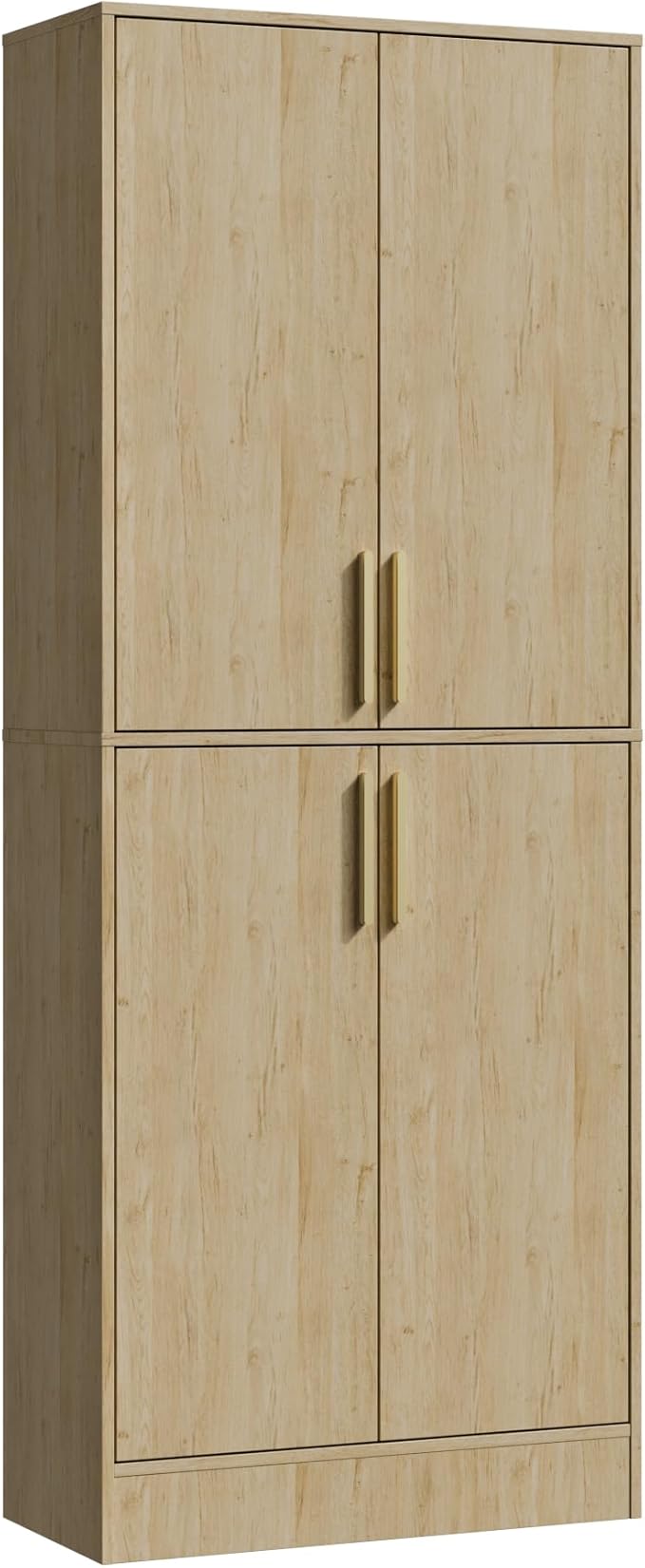 71" Tall Pantry Cabinet with 4 Doors, Kitchen Pantry Storage Cabinet, Freestanding Larder Cupboard, Utility Kitchen Hutch with Gold Handles for Dining Room, Bathroom, Natural