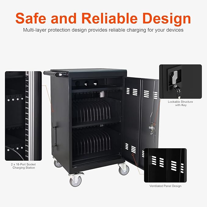32 Devices Laptop Charging Cart, Tablet Storage Carts for Pad Up to 16.3" Screen Size, Classroom Computer Mobile Charging Station for Pads,Chromebooks,Laptops,Security Storage (Black)