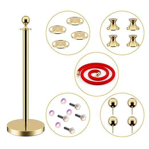 LOVMOR Stainless Steel Stanchion Post, 5 FT Red Carpet Ropes and Poles, 4 pcs Gold Stanchions with Red Rope, Hollow Base and Velvet Ropes Safety Barriers Set, Carpet Runner for Party