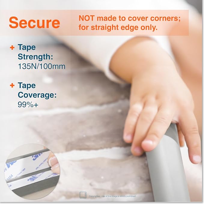 Roving Cove HeftyFit Edge Protector for Baby Proofing (12ft Large Edge Only), Heavy-Duty Soft Furniture Edge Bumper Guards, Desk Edge Cushion, Wall Corner Covers, 3M Adhesive, Stone Grey