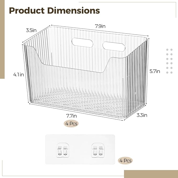 4 Pcs Plastic Wall Mount Organizer Bins - Self Adhesive Inside Cabinet Door Storage for Cosmetics Toiletries, Wall Organization Containers for Kitchen Bathroom Office, 7.9 x 3.5 x 5.7 in