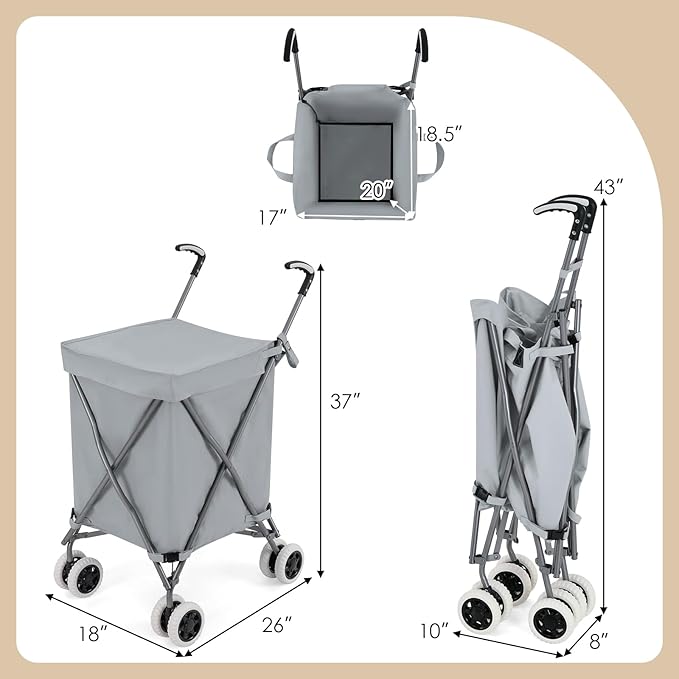 Goplus Folding Shopping Cart with Wheels, Grocery Cart with Removable Oxford Cloth Liner, Lightweight Utility Cart for Groceries Laundry, Gray