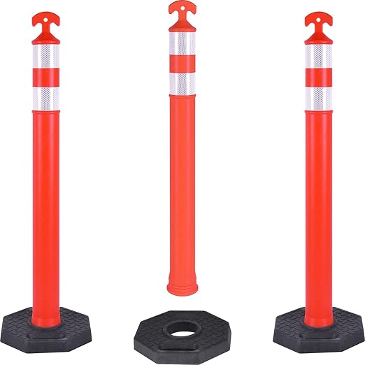 Traffic Delineator Post Cones with Heavy-Duty Octagonal Rubber Base, Channelizer Post Kit for Road Construction Work, Traffic Guidance, Garage Parking, Crowd Control (3, 42")