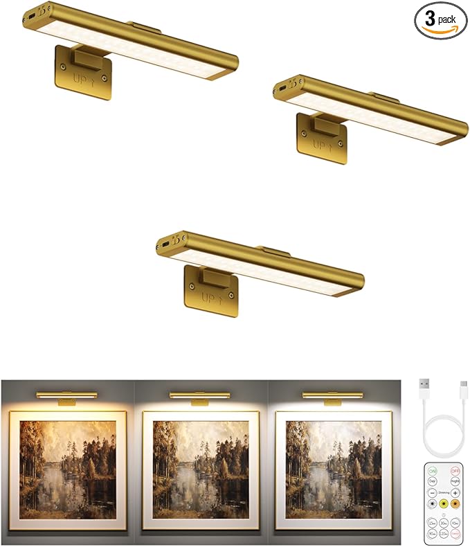 EZVALO Picture Light for Wall, Rechargeable 2400mAh Battery Lights Wireless Remote, 3 Color & Dimmable Magnetic 8'' LED Lights Display for Painting, Living Room, Gallery, Bedroom, Dashboard(Gold-3P)