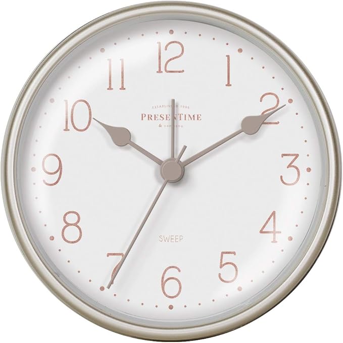 Presentime & Co 4" Chic Home Tabletop Alarm Mantel Clock, Desk and Shelf Clock, Silent no Ticking, Warm Gray and Chic Silver Finish. Tabletop Décor, Home Décor