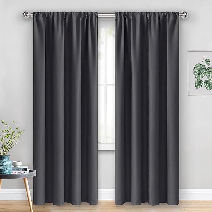 JIUZHEN Blackout Curtains for Bedroom - Thermal Insulated Room Darkening Rod Pocket Curtains for Living Room, Set of 2 Panels with Tiebacks, 42 x 96 Inch Length, Dark Grey