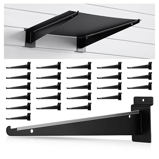 Therwen 24 Pcs 15.8" Chrome Slatwall Knife Shelf Bracket with Lip Metal Bracket Hooks Slatwall Hanger Heavy Duty Shelf Accessories Home Boutique Retailer Display (Black)