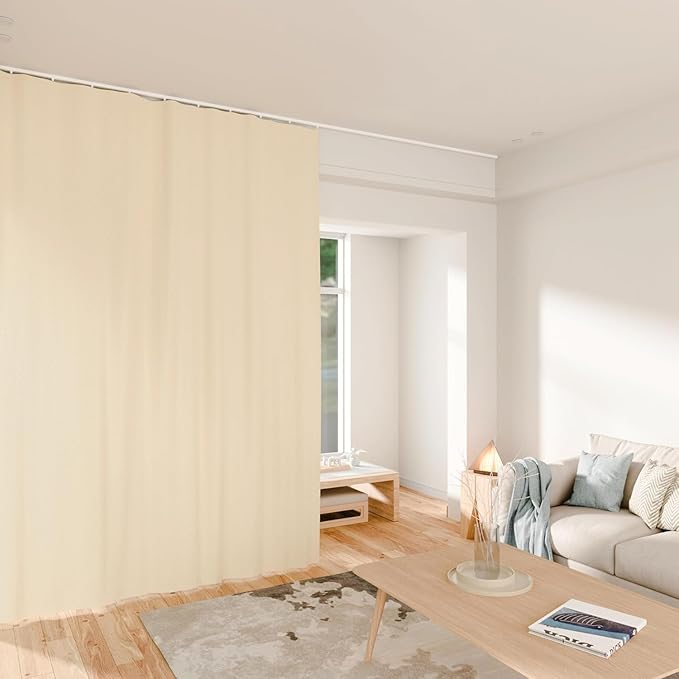 Room Divider Curtains Total Blackout Privacy Curtain Panel Room Thermal Insulated Noise Reduction Curtains for Bedroom Window Living Room Ceiling Track Curtain W 12.5 ft × H 7 ft Beige