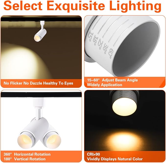 12W Zoomable Track Lighting Heads,White H Track Lighting Heads for Accent,Artwork, Retail Halo Track Lights 110V 3000K Warm White 15 °- 60 ° Beam Angle - 4 Pack (White)