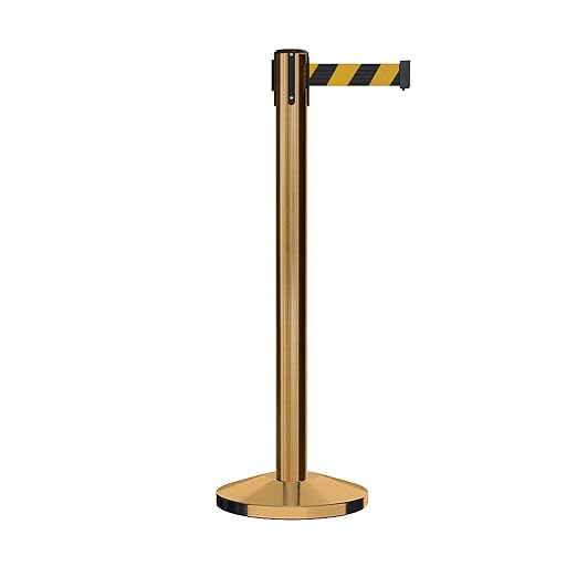 Crowd Control Warehouse CCW Series RBB-150 - Set of 2 Stanchion Retractable Belt Barriers - 16 Foot, Black & Yellow Diagonal Belt with Satin Brass Steel Post - Easy Assembly